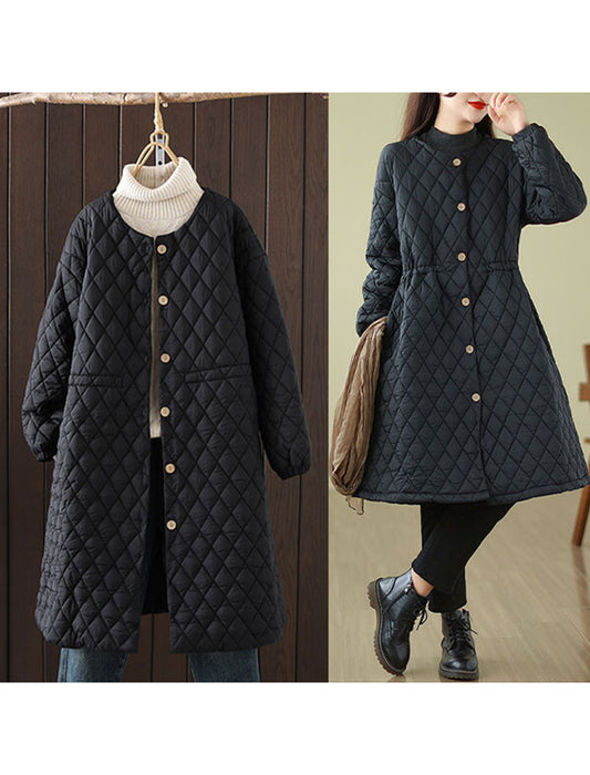 ノーカラーウエスト絞りキルティングコート