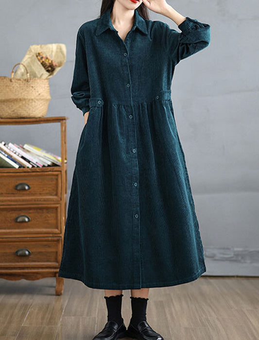 【近日入荷】ハイウエストコーデュロイロングワンピース　※ブルーグリーンは12月中旬入荷、ワインレッド12月中旬から下旬入荷予定