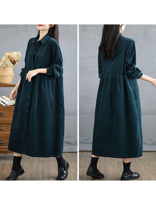 【近日入荷】ハイウエストコーデュロイロングワンピース　※ブルーグリーンは12月中旬入荷、ワインレッド12月中旬から下旬入荷予定