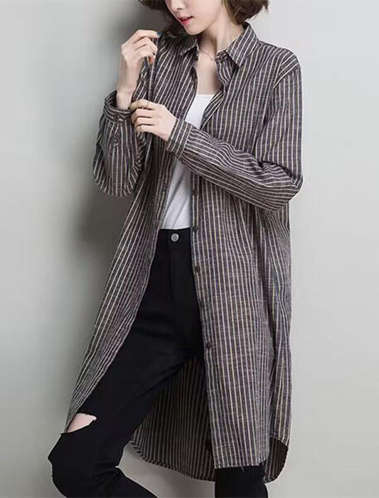 【近日入荷】Aラインヒッコリーストライプ柄チュニック丈シャツ　※12月上旬～中旬入荷予定