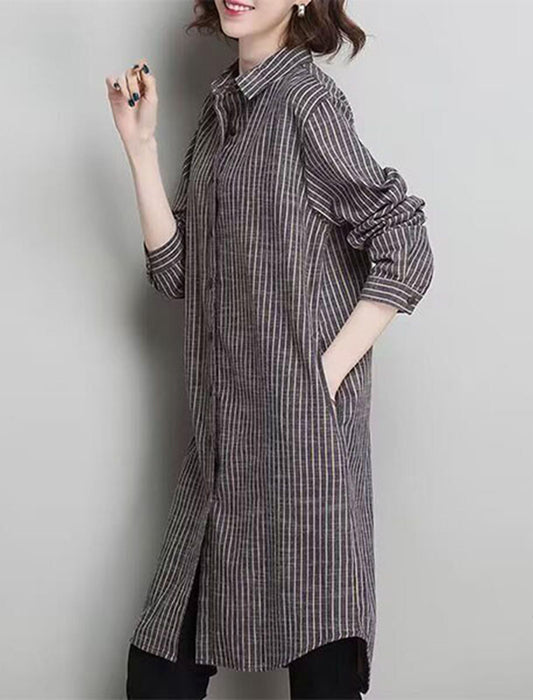 【近日入荷】Aラインヒッコリーストライプ柄チュニック丈シャツ　※12月上旬～中旬入荷予定