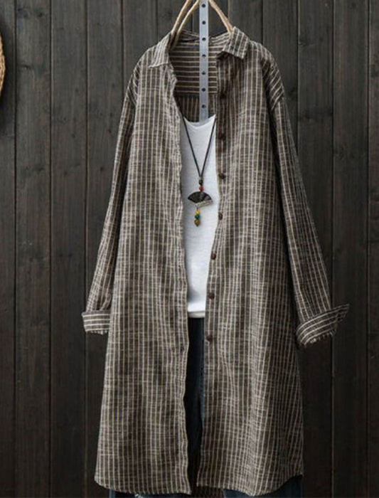 【近日入荷】Aラインヒッコリーストライプ柄チュニック丈シャツ　※12月上旬～中旬入荷予定