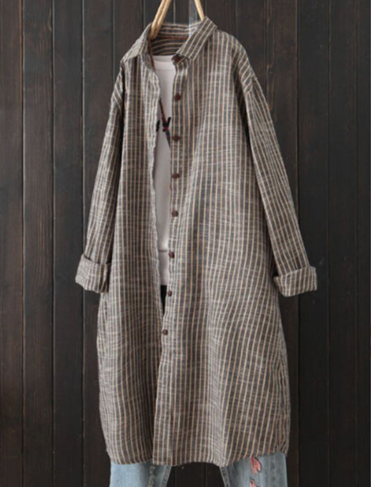 【近日入荷】Aラインヒッコリーストライプ柄チュニック丈シャツ　※12月上旬～中旬入荷予定