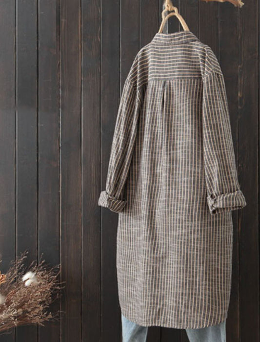 【近日入荷】Aラインヒッコリーストライプ柄チュニック丈シャツ　※12月上旬～中旬入荷予定