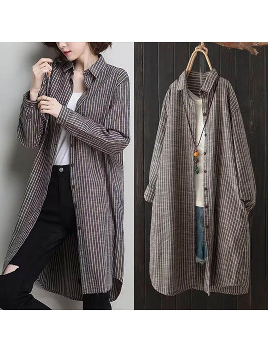 【近日入荷】Aラインヒッコリーストライプ柄チュニック丈シャツ　※12月上旬～中旬入荷予定