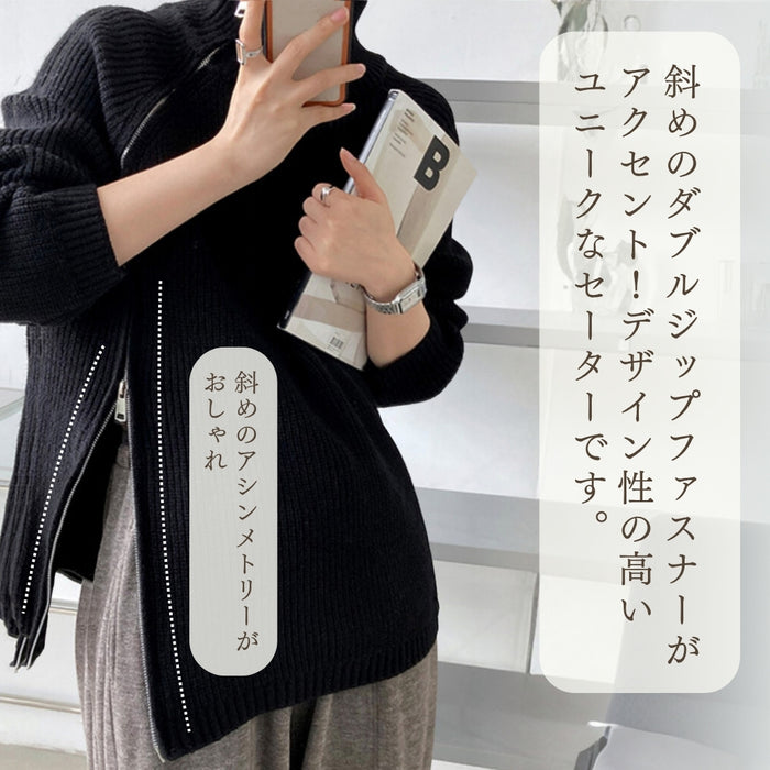 【近日入荷】ダブルジップファスナー付きハイネックセーター　※グレーは12月上旬入荷予定