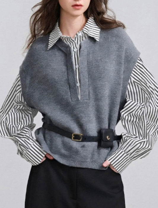 ストライプ切替ベストブラウス