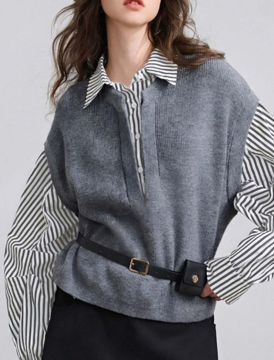 ストライプ切替ベストブラウス