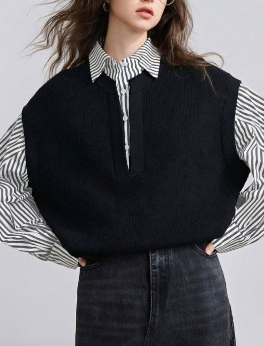 ストライプ切替ベストブラウス