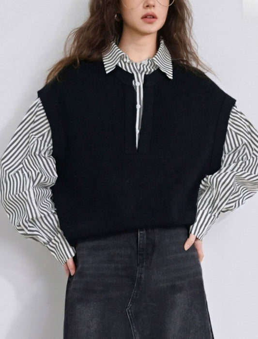 ストライプ切替ベストブラウス