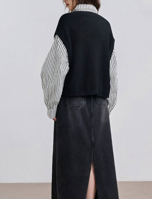 ストライプ切替ベストブラウス