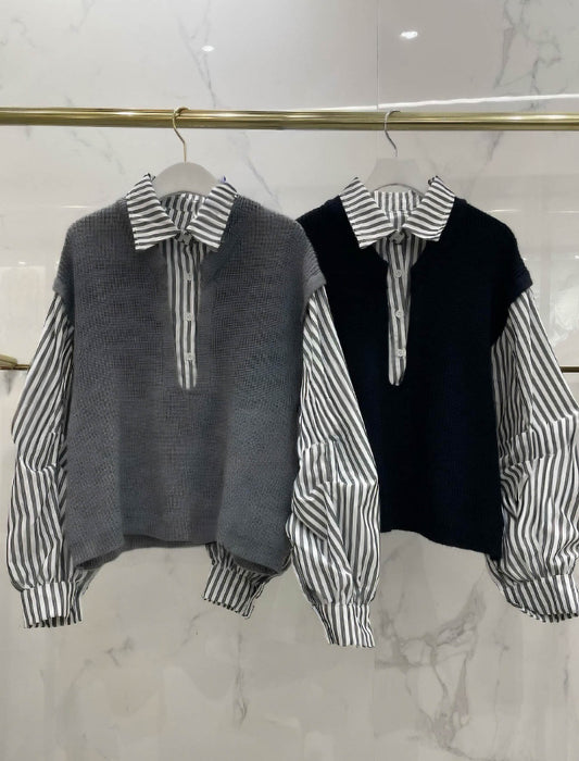 ストライプ切替ベストブラウス