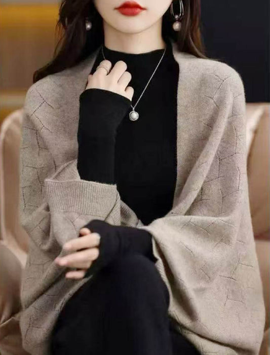 【近日入荷】透かし彫りショール風ニットカーディガン　※12月上旬入荷