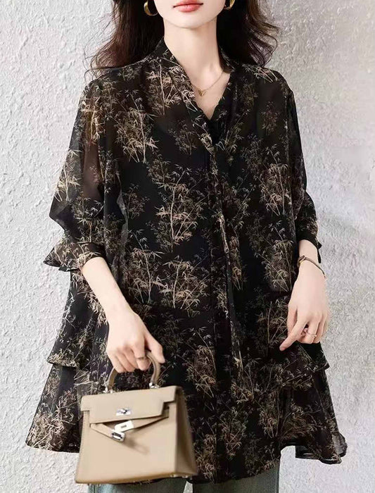 ボウタイシフォンチュニック丈ブラウス