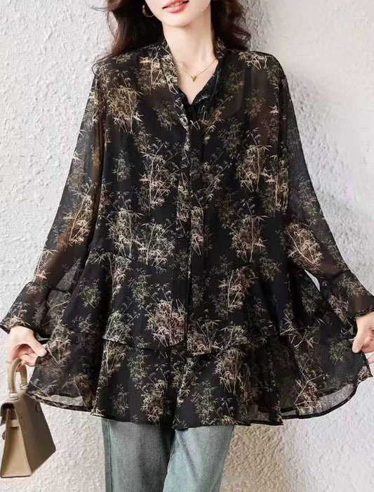 ボウタイシフォンチュニック丈ブラウス