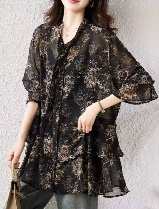 ボウタイシフォンチュニック丈ブラウス