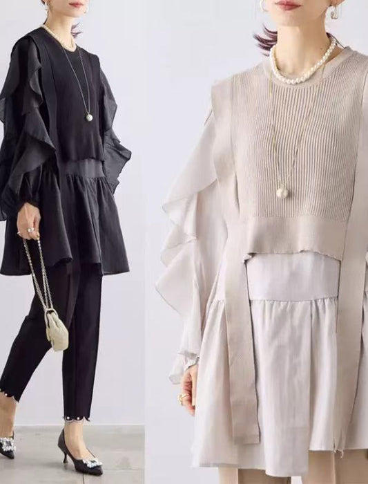 フリルアンバランスニットベスト付きブラウス　