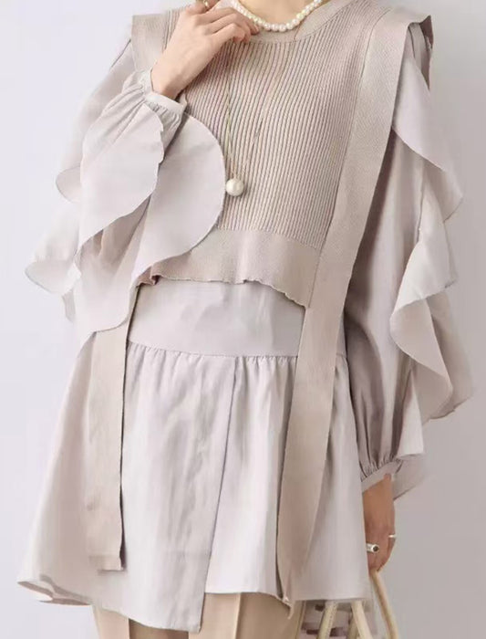 フリルアンバランスニットベスト付きブラウス　