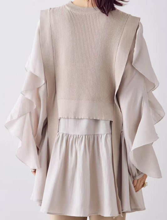 フリルアンバランスニットベスト付きブラウス　