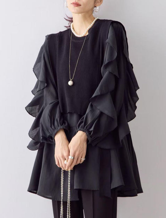 フリルアンバランスニットベスト付きブラウス　