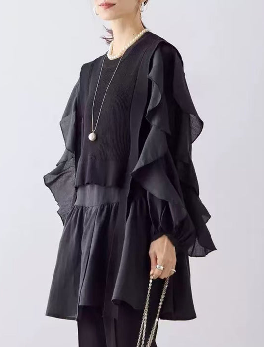 フリルアンバランスニットベスト付きブラウス　