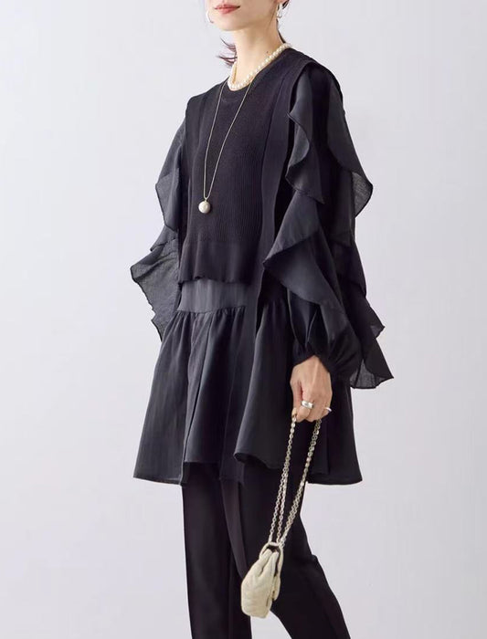 フリルアンバランスニットベスト付きブラウス　