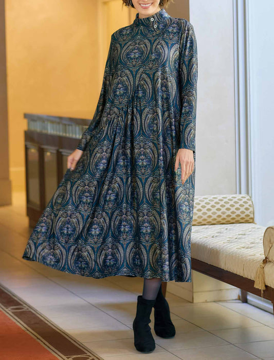 【受注】ダマスク柄風ジャージーワンピース　