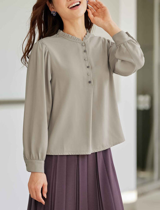 【受注】配色ボタン使いフリル衿ブラウス　
