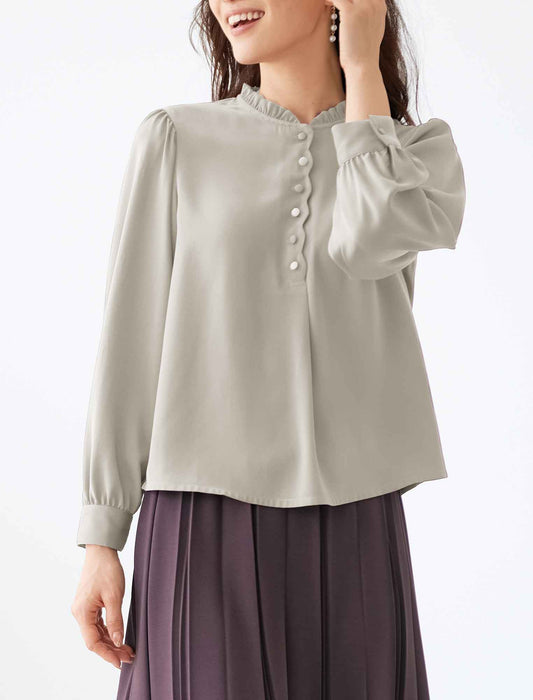 【受注】配色ボタン使いフリル衿ブラウス　