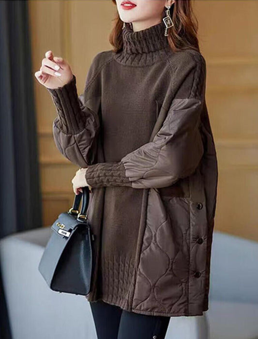 異素材タートルネックニットキルティングトップス