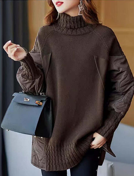 異素材タートルネックニットキルティングトップス