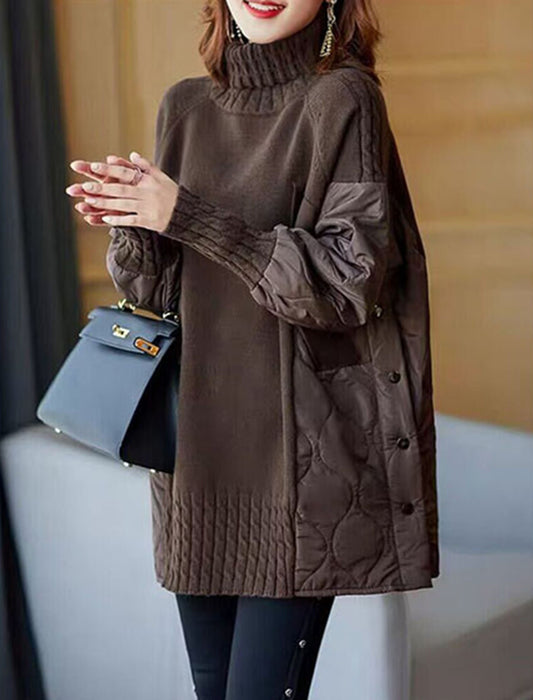 異素材タートルネックニットキルティングトップス