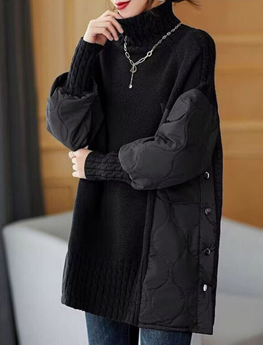 異素材タートルネックニットキルティングトップス