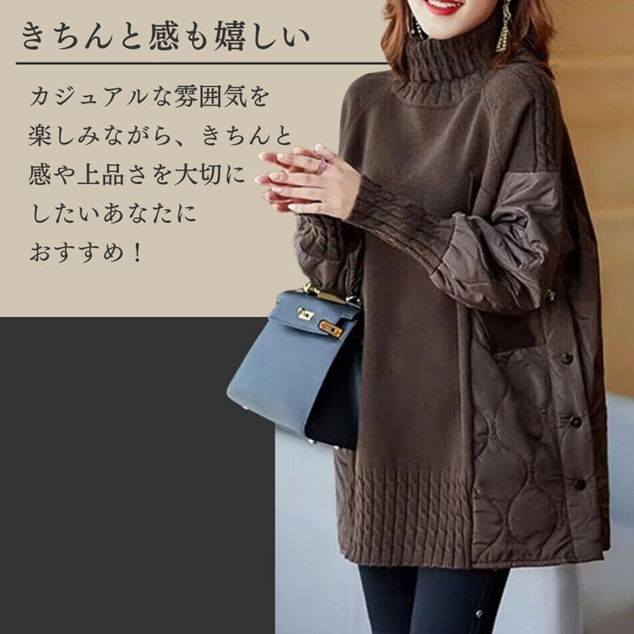 異素材タートルネックニットキルティングトップス