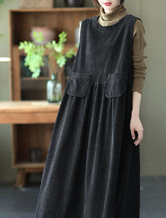 【近日入荷】Aラインノースリーブフラップ付コーデュロイワンピース　※12月中旬入荷予定