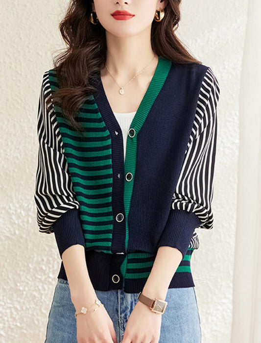 異素材ボーダーストライプ柄ニットカーディガン