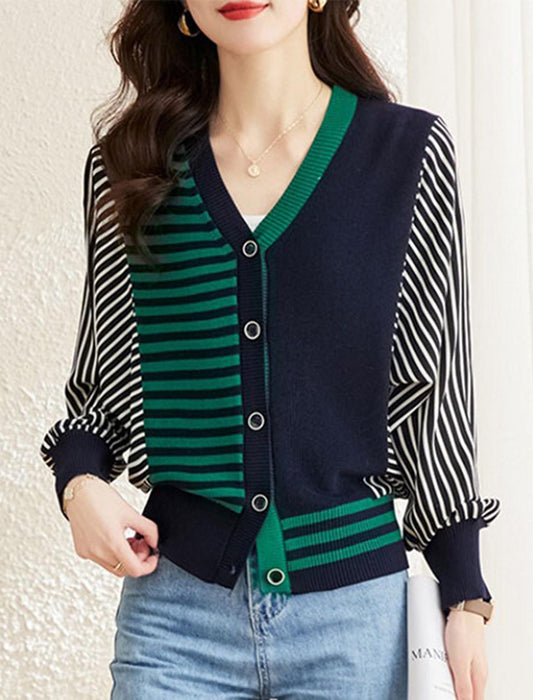 異素材ボーダーストライプ柄ニットカーディガン