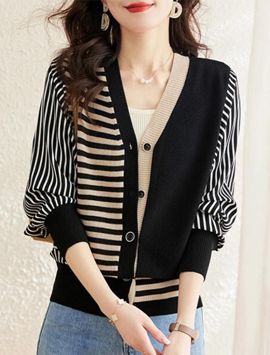 異素材ボーダーストライプ柄ニットカーディガン