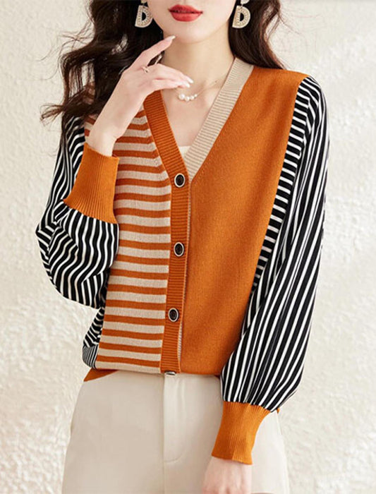 異素材ボーダーストライプ柄ニットカーディガン