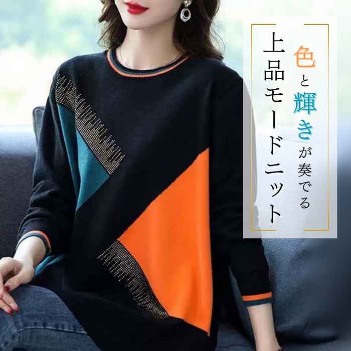 煌めくラインの幾何学配色ニットプルオーバー