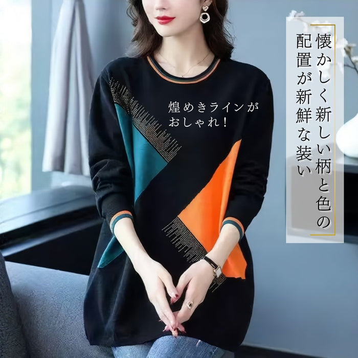 煌めくラインの幾何学配色ニットプルオーバー