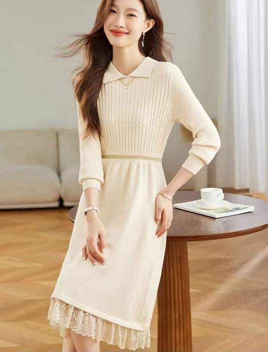 裾レース切り替え 襟付きニットワンピース