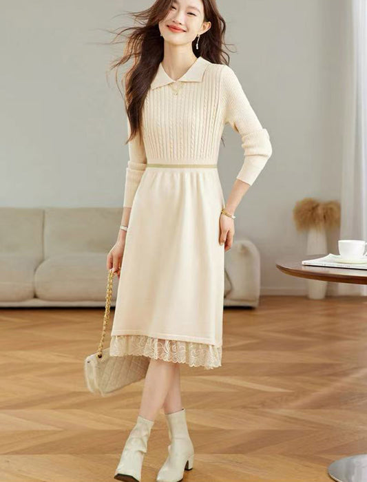 裾レース切り替え 襟付きニットワンピース