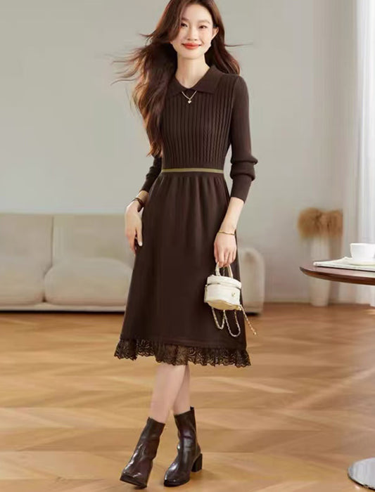 裾レース切り替え 襟付きニットワンピース