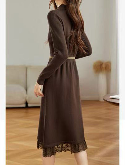 裾レース切り替え 襟付きニットワンピース