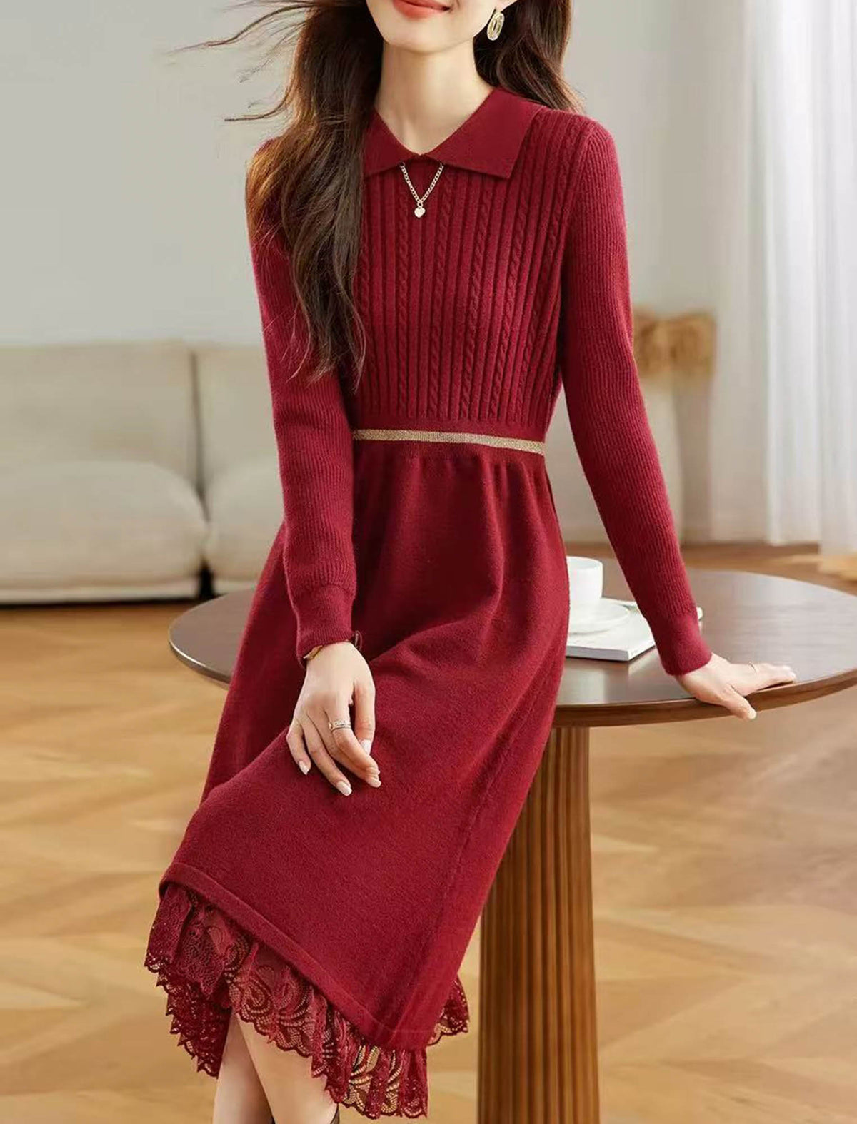 裾レース切り替え 襟付きニットワンピース | Northmall（ノースモール