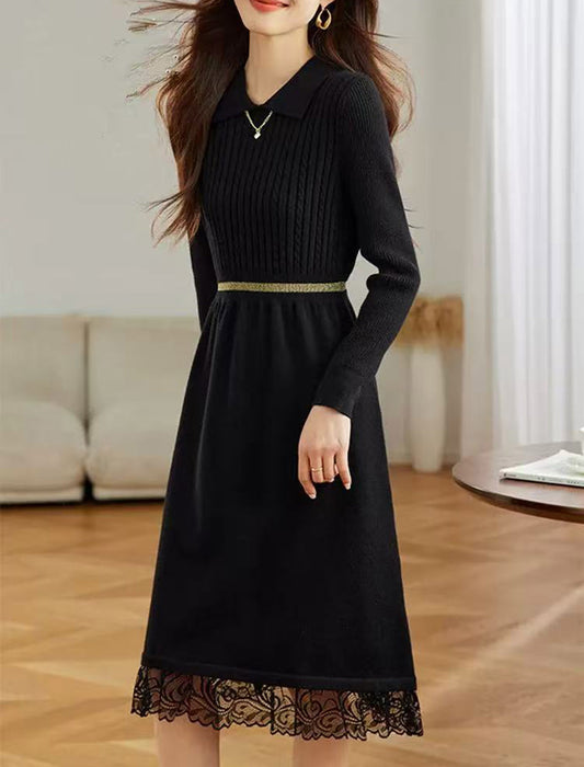 裾レース切り替え 襟付きニットワンピース