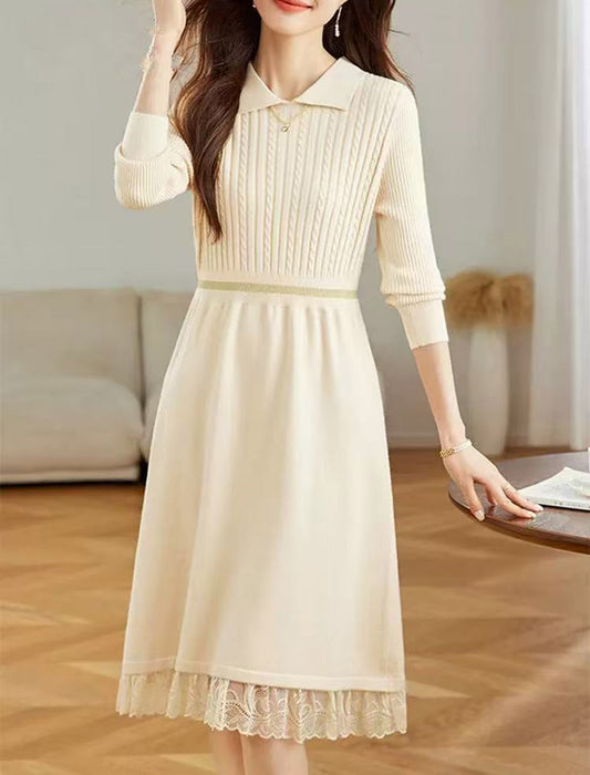 裾レース切り替え 襟付きニットワンピース
