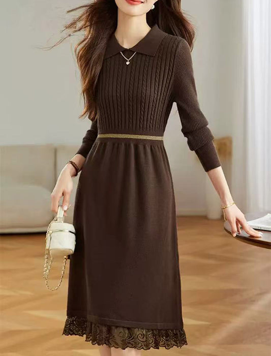 裾レース切り替え 襟付きニットワンピース
