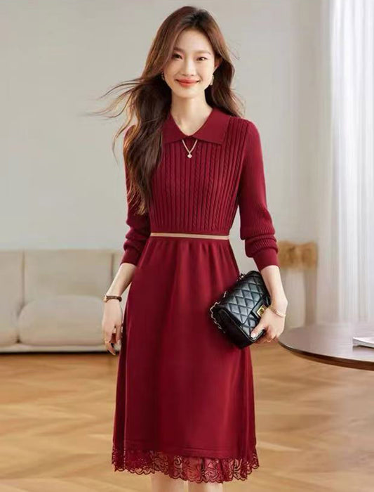 裾レース切り替え 襟付きニットワンピース